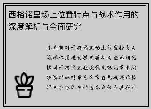 西格诺里场上位置特点与战术作用的深度解析与全面研究