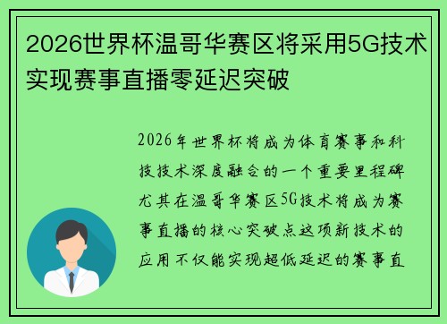 2026世界杯温哥华赛区将采用5G技术实现赛事直播零延迟突破